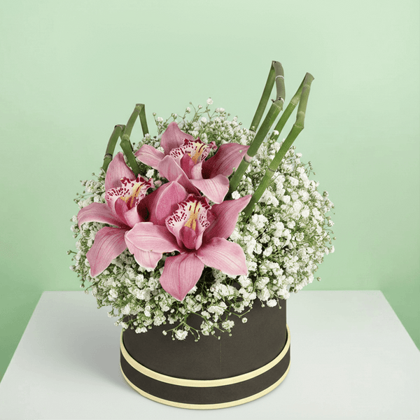 Pink cymbidium orchids with white gypsophila arranged in a black round flower box