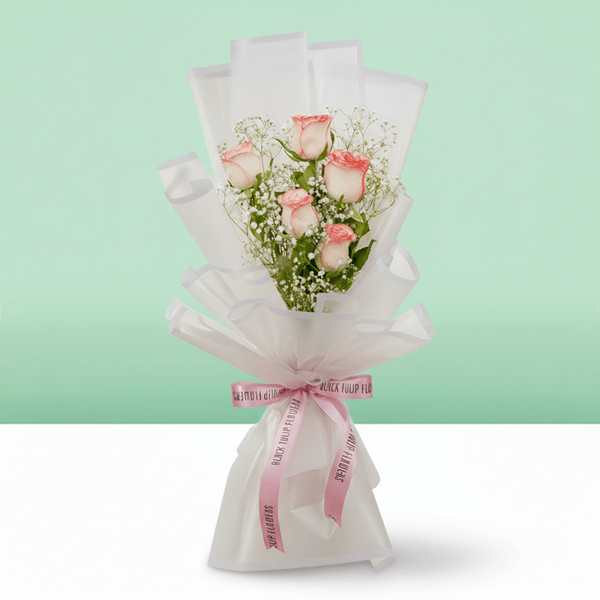 5 light pink rose bouquet with gypso in elegant Korean-style white wrap