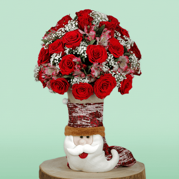 Bunch of Red Rose & Alstroemeria in Santa Claus Socks - Image 1