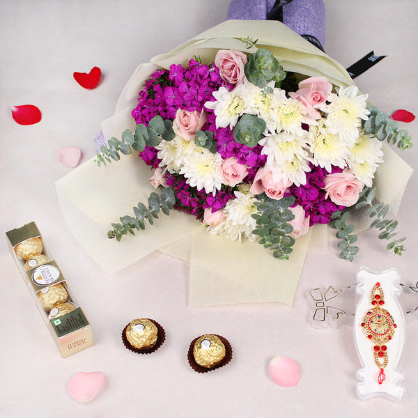 Assorted Chrysanthemums, Roses and Sweet Williams bouquet with Meenakari Rakhi and four Ferrero Rocher chocolates.