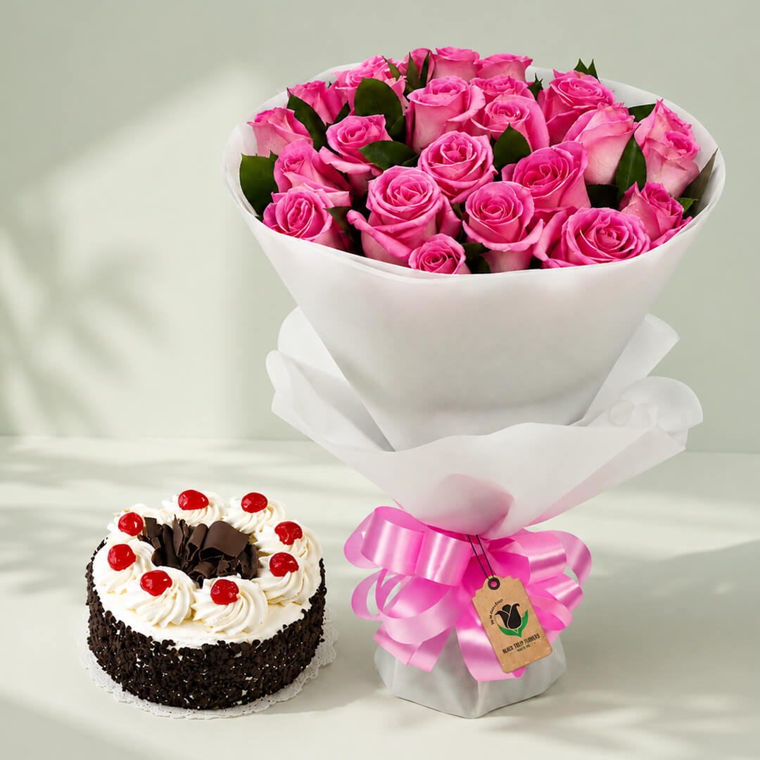 Pink rose and cake combo gift for Mother’s Day