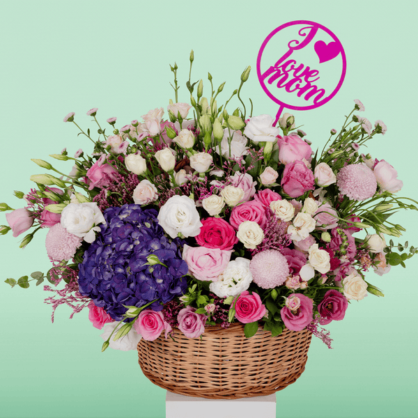 Large assorted flower basket with Hydrangeas, Roses, Eustoma, Chrysanthemums, Limonium and Snapdragons.