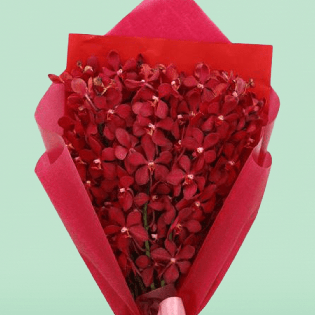 Red orchid stems arranged in layered red non-woven wrapping with a pink ribbon