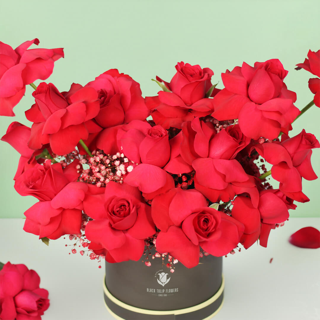 20 red Roses with Gypsophila arranged in a round grey flower box.