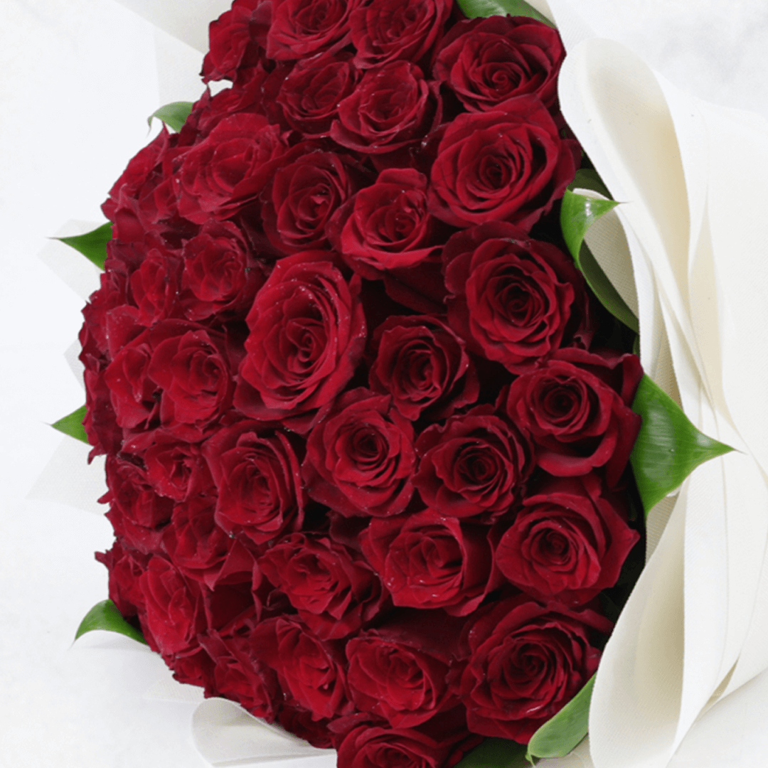 A luxury bouquet of 50 red roses in white wrap.
