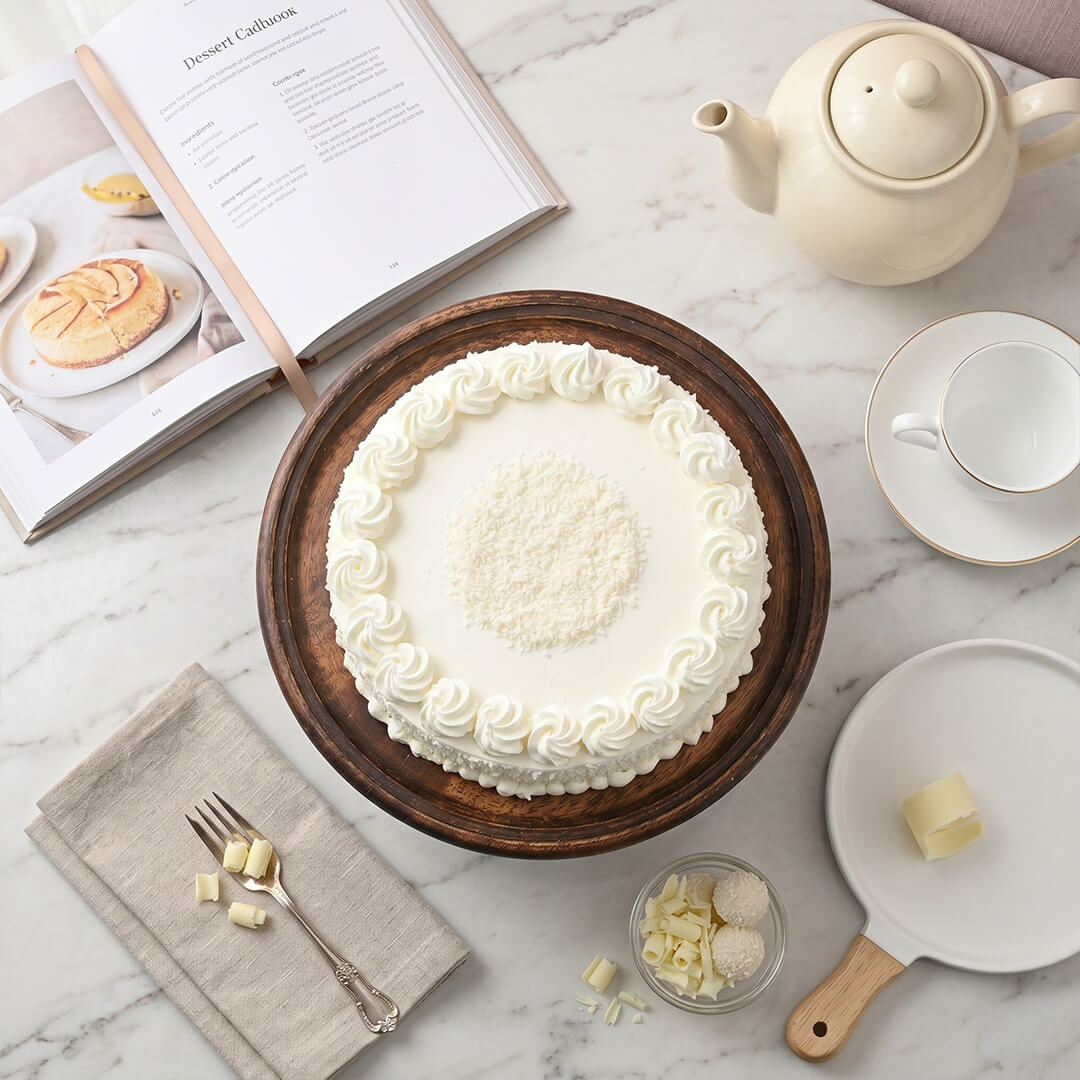 White Forest Cake decorated with white chocolate shards, whipped cream and red cherries.