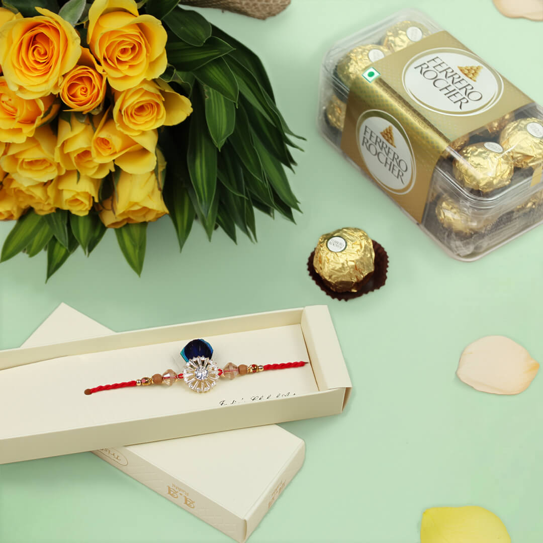Yellow roses Rakhi and Ferrero Rocher gift hamper