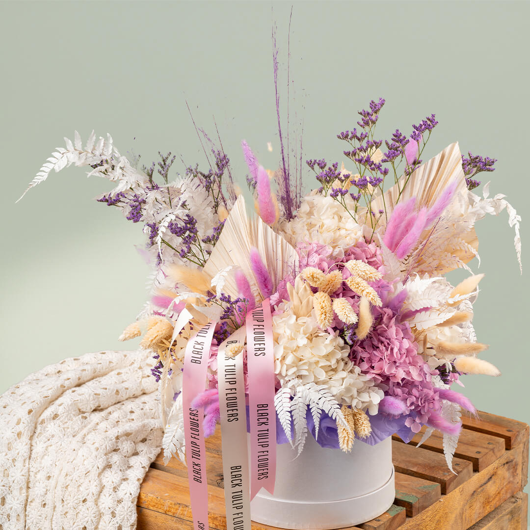 Forever Yours dried preserved flowers in elegant white round box for lasting love