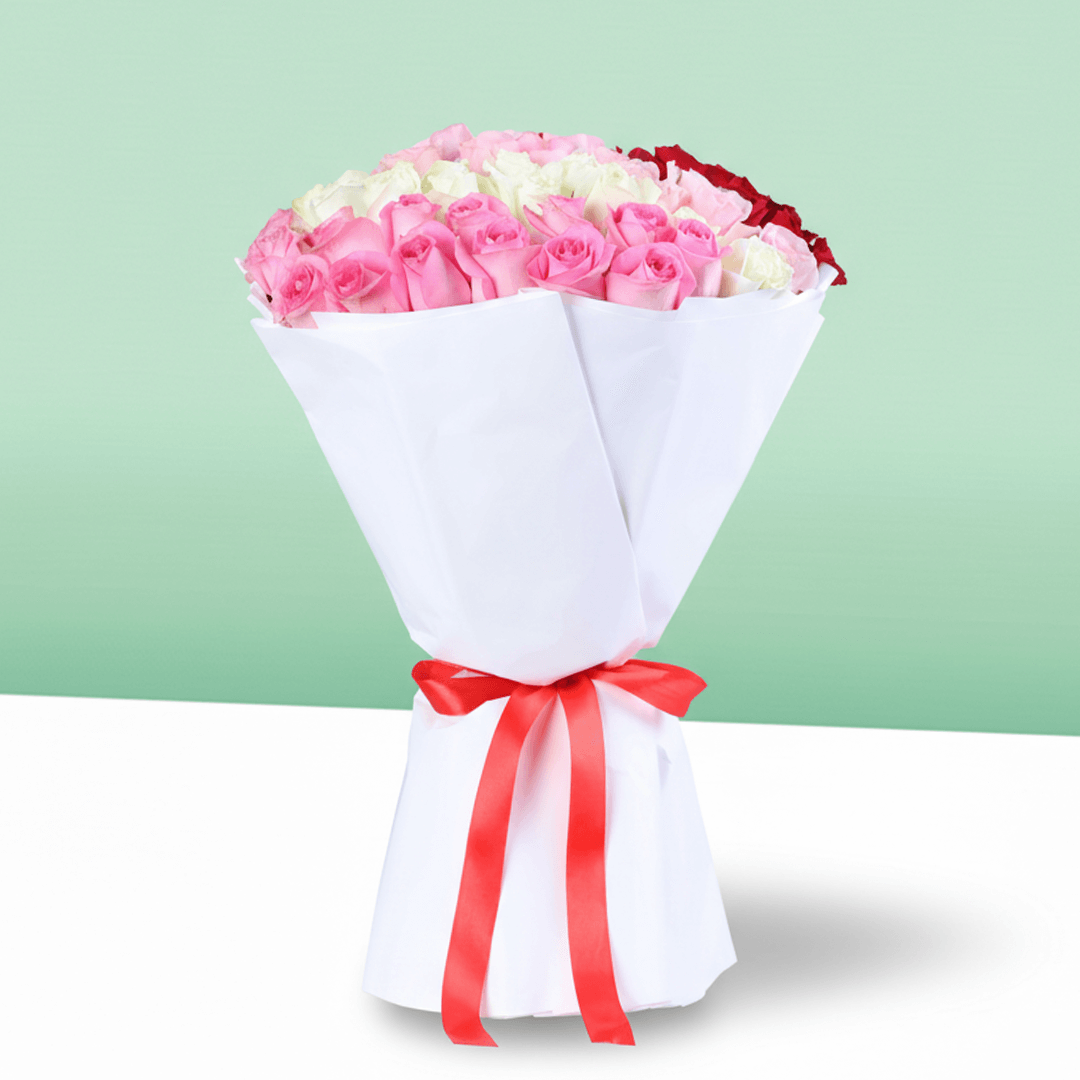 Love Mixed Roses Bouquet arranged with red, pink and white mixed roses