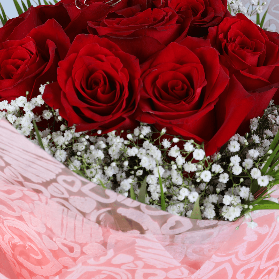 10 Red Rose Gypso Bouquet arranged with 10 red roses, soft gypso and fresh greenery