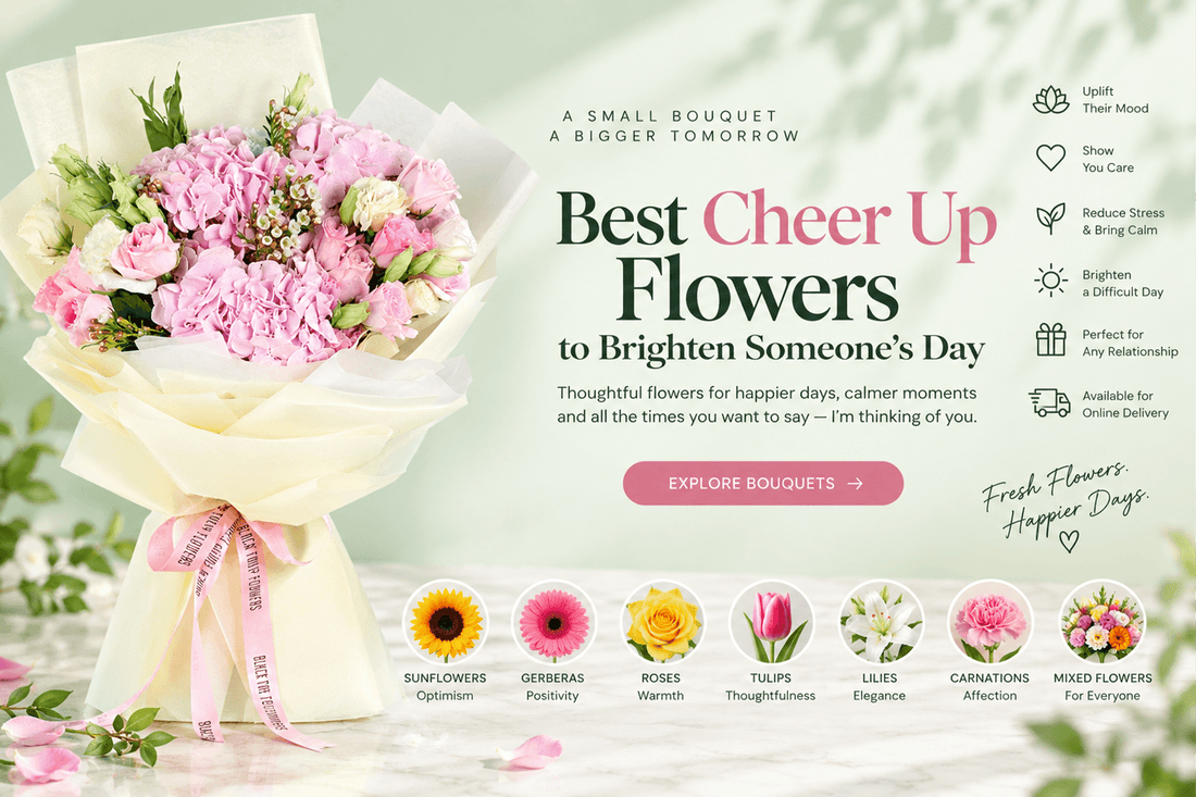 Cheer up flower bouquet with bright blooms thoughtfully arranged to brighten someone’s difficult day