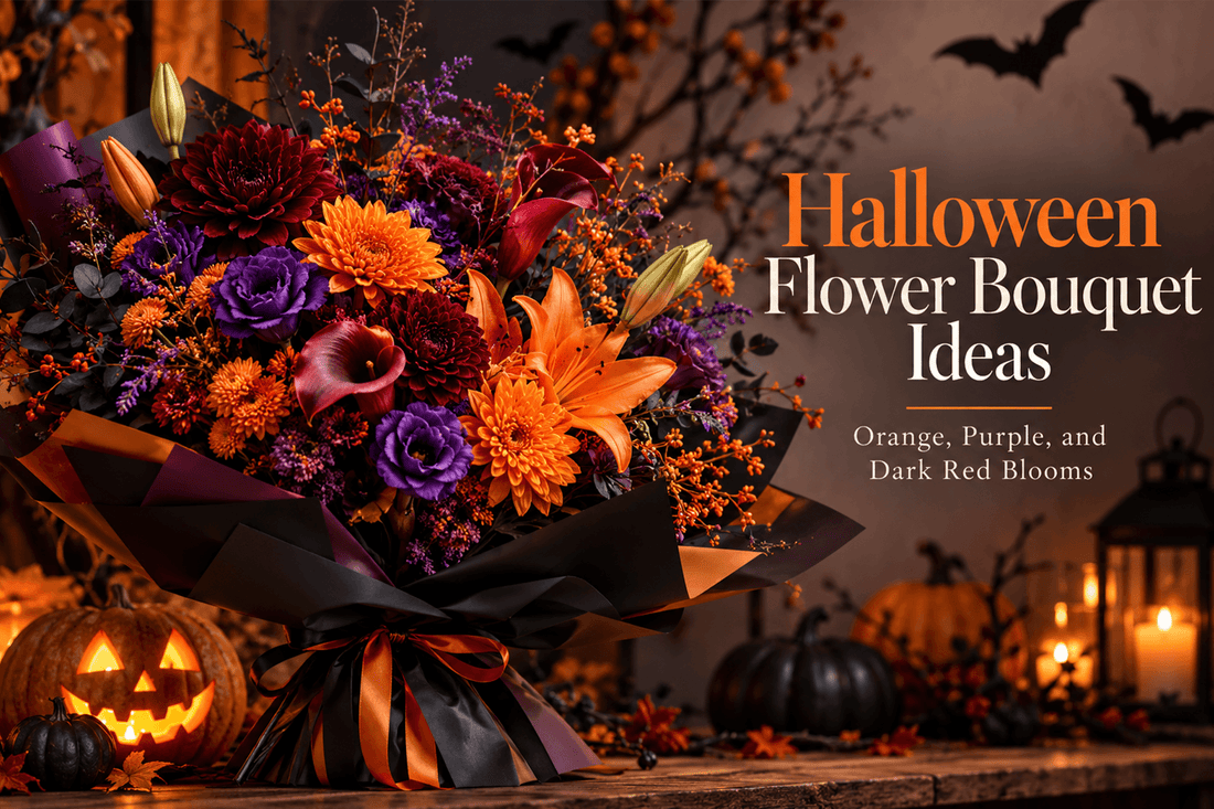 Halloween flower bouquet ideas featuring orange, purple, and dark red blooms for spooky seasonal celebrations