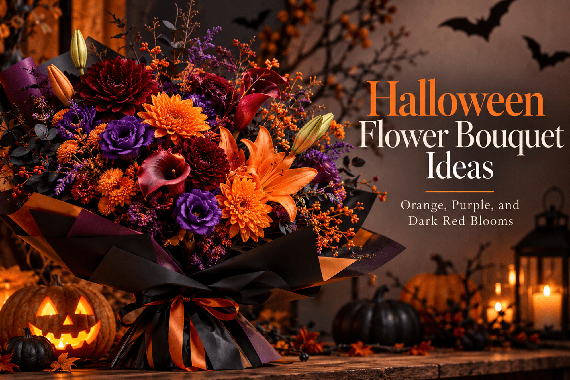 Halloween Flower Bouquet Ideas with Orange, Purple, and Dark Red Blooms