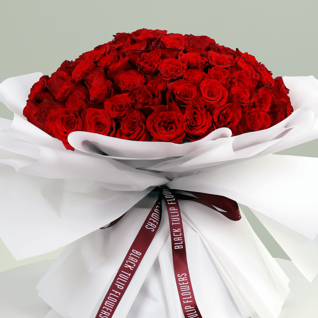 Romantic hand-tied red roses bouquet in white wrapping with burgundy ribbon