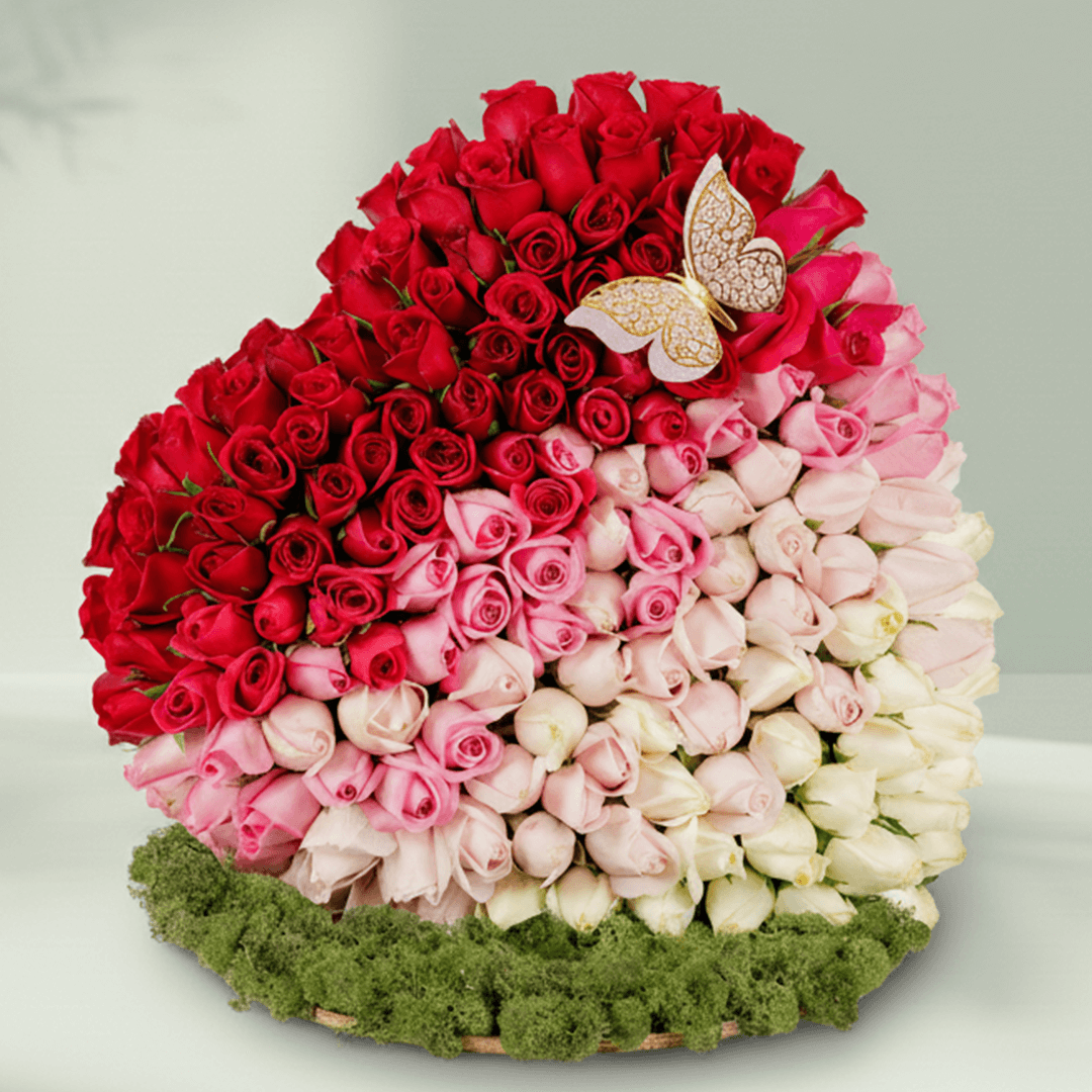 120 Rose Heart arrangement with 120 assorted roses with moss grass styling