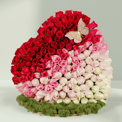 120 Rose Heart arrangement with 120 assorted roses with moss grass styling