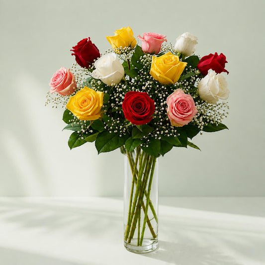 “12 Mixed Roses in Elegant Vase Flower Arrangement”