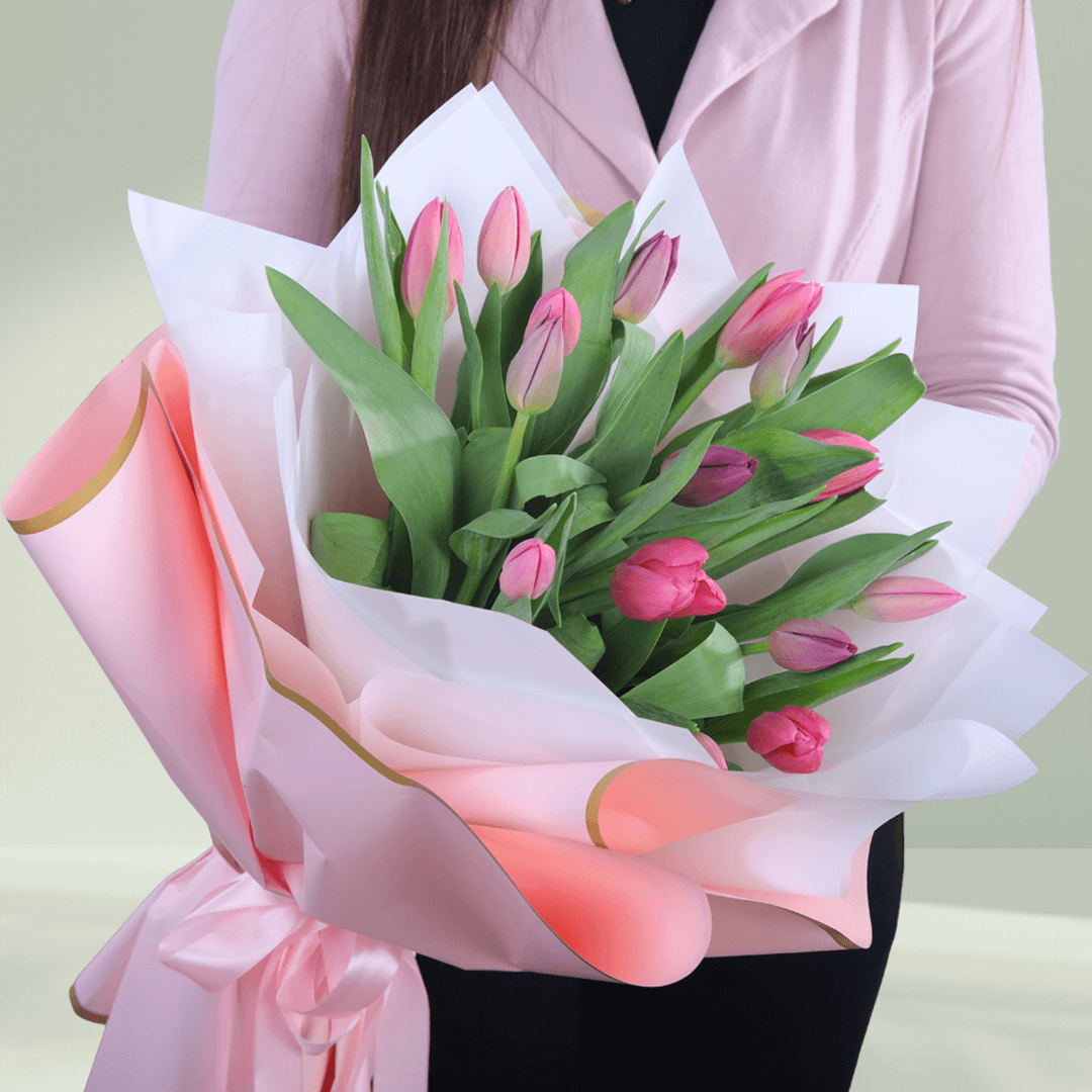 15 stems pink tulips bouquet in elegant korean-style wrapping sheets.