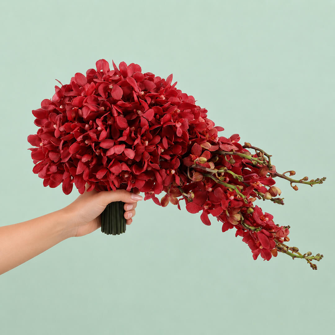 15 red Mokara orchid bridal bouquet with minimalist wrap for elegant wedding ceremony and bridal photoshoot