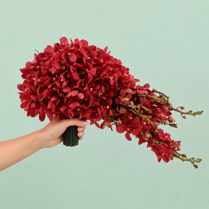 15 red Mokara orchid bridal bouquet with minimalist wrap for elegant wedding ceremony and bridal photoshoot