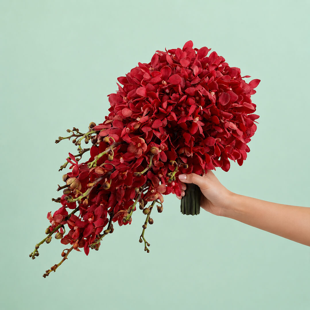 15 red Mokara orchid bridal bouquet with minimalist wrap for elegant wedding ceremony and bridal photoshoot