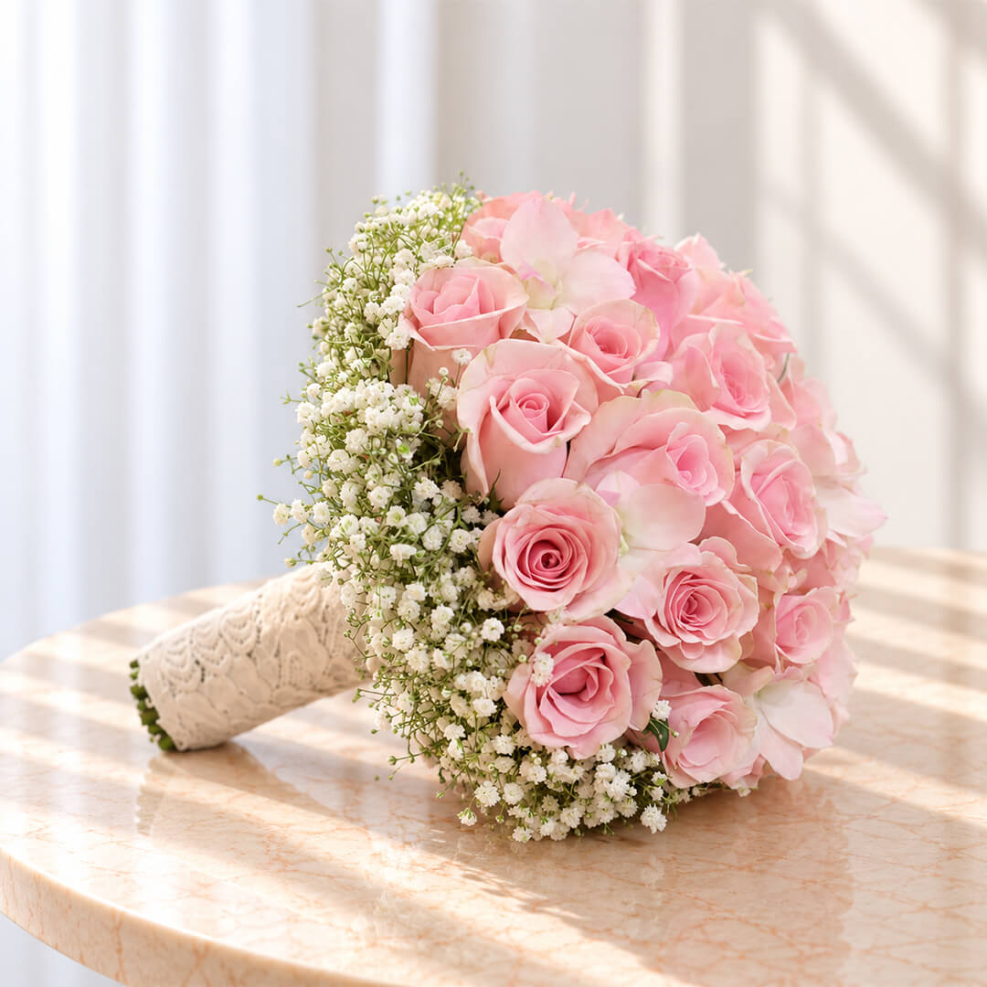 Luxury pink rose and gypsophila wedding bouquet with minimalist styling
