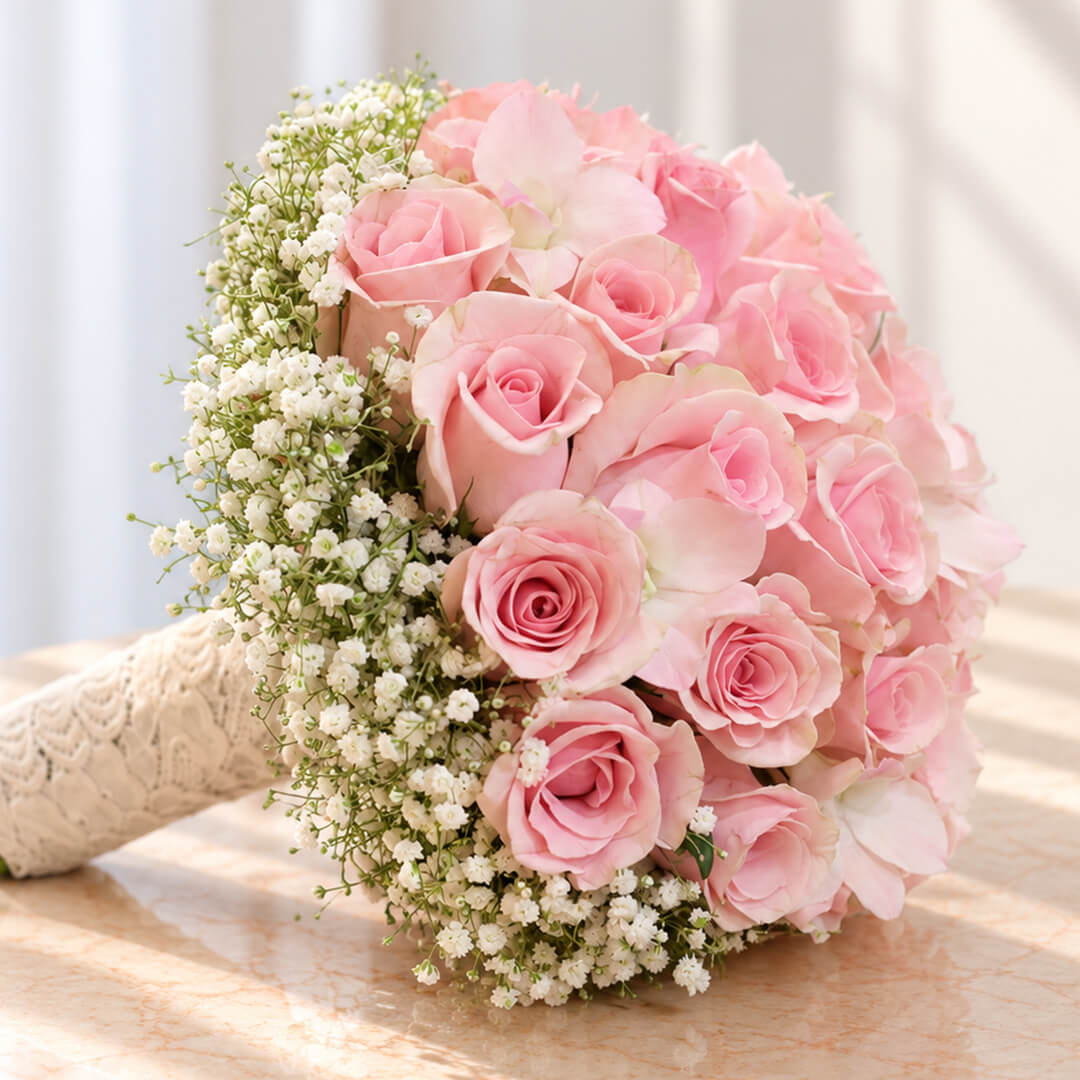 Luxury pink rose and gypsophila wedding bouquet with minimalist styling