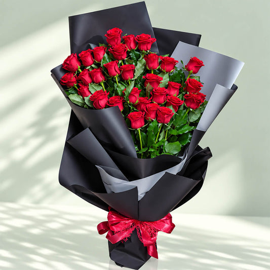 30 red roses bouquet in elegant black and grey wrapping, perfect for romantic gifts and anniversaries.