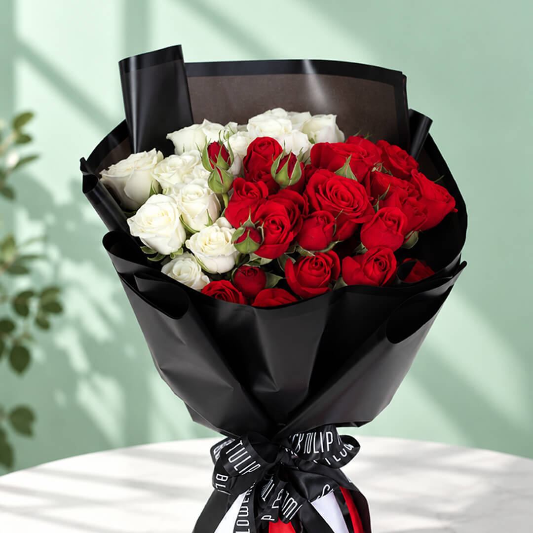 30 red and white roses presented in stylish Korean flower wrapping