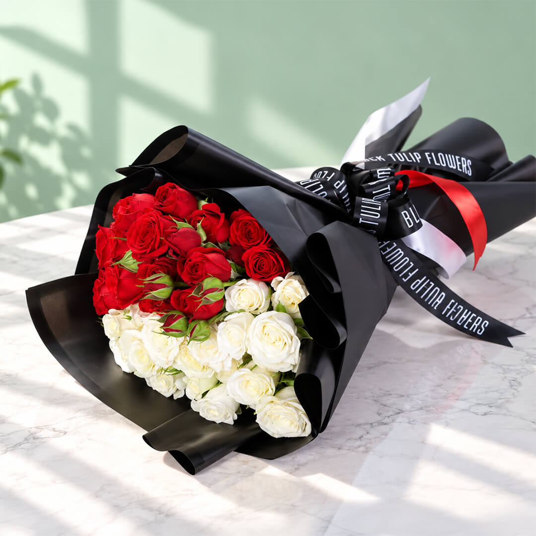 30 red and white roses presented in stylish Korean flower wrapping