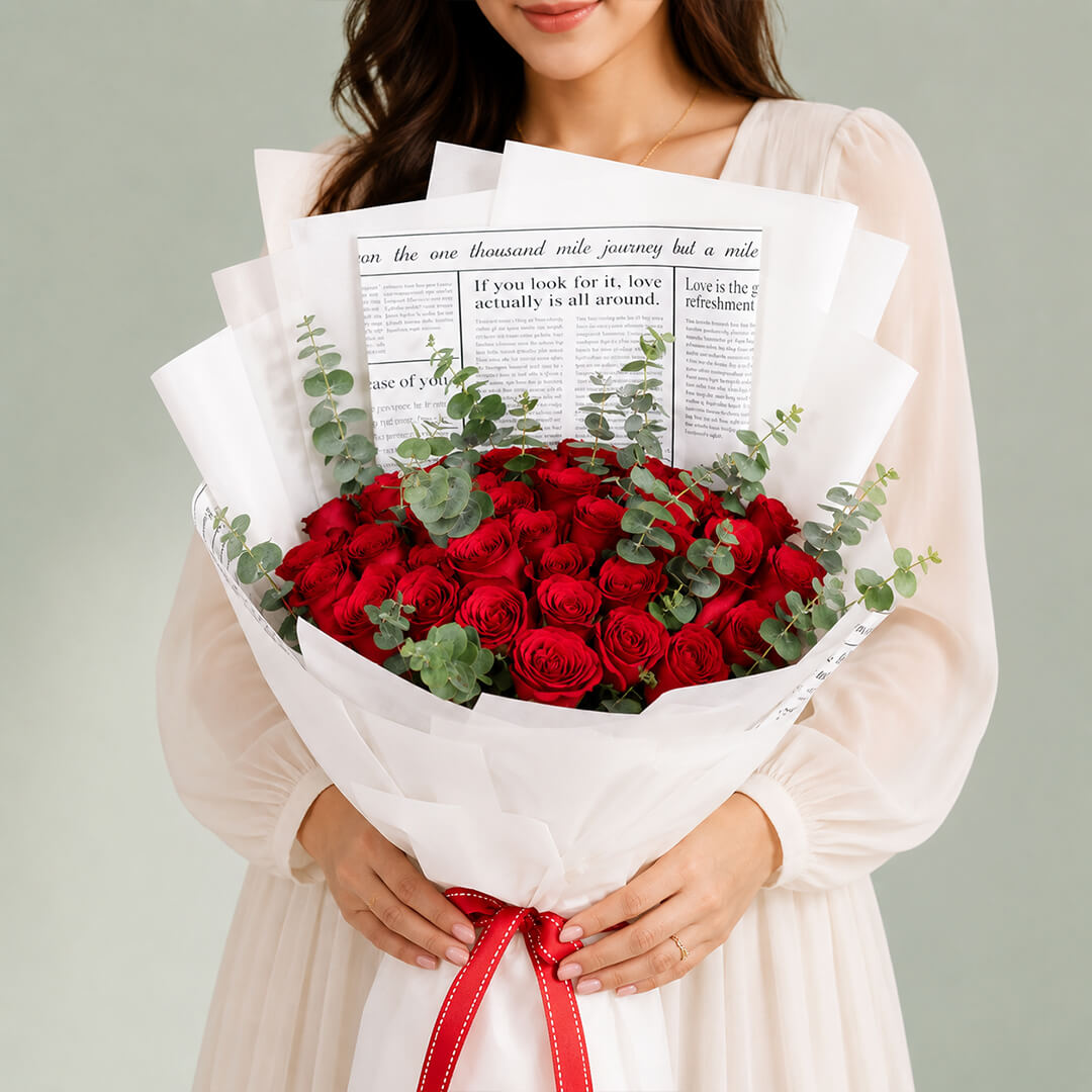 Premium bouquet of 40 luxury red roses with fresh greenery wrapped elegantly