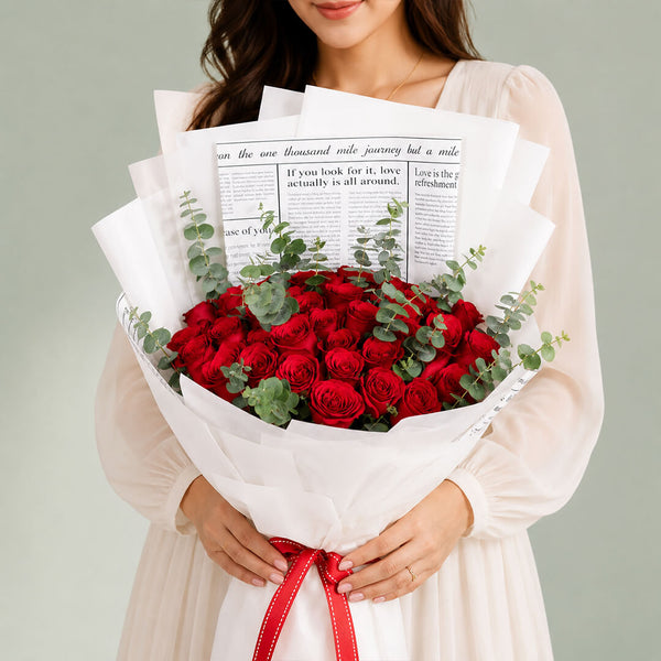 Premium bouquet of 40 luxury red roses with fresh greenery wrapped elegantly