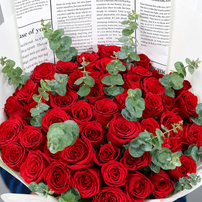 Premium bouquet of 40 luxury red roses with fresh greenery wrapped elegantly