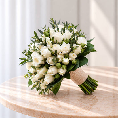 Classic white rose wedding bouquet with fresh green leaves and a simple hand-tied finish for sophisticated bridal styling.