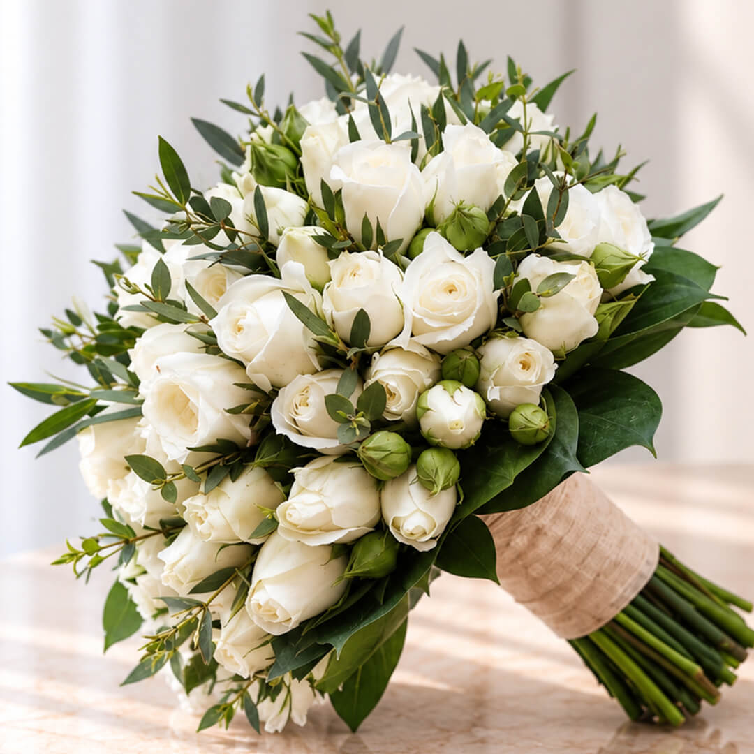 Classic white rose wedding bouquet with fresh green leaves and a simple hand-tied finish for sophisticated bridal styling.