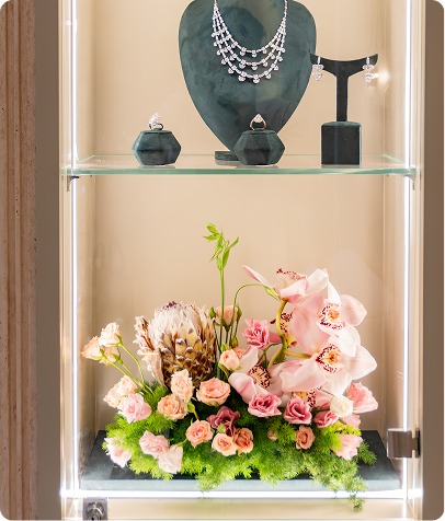 Jewelry display with pink florals