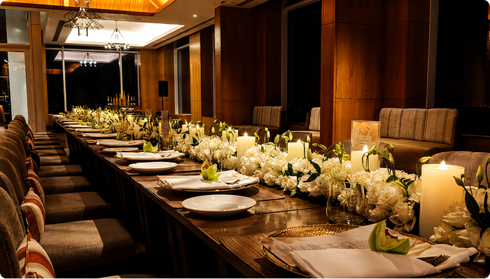 Long table floral centerpiece setup