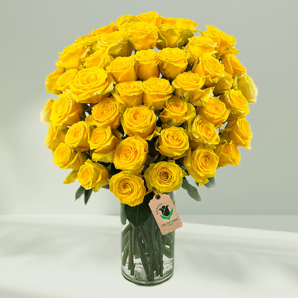Vase arrangement featuring 50 yellow roses in a transparent glass cylinder vase.