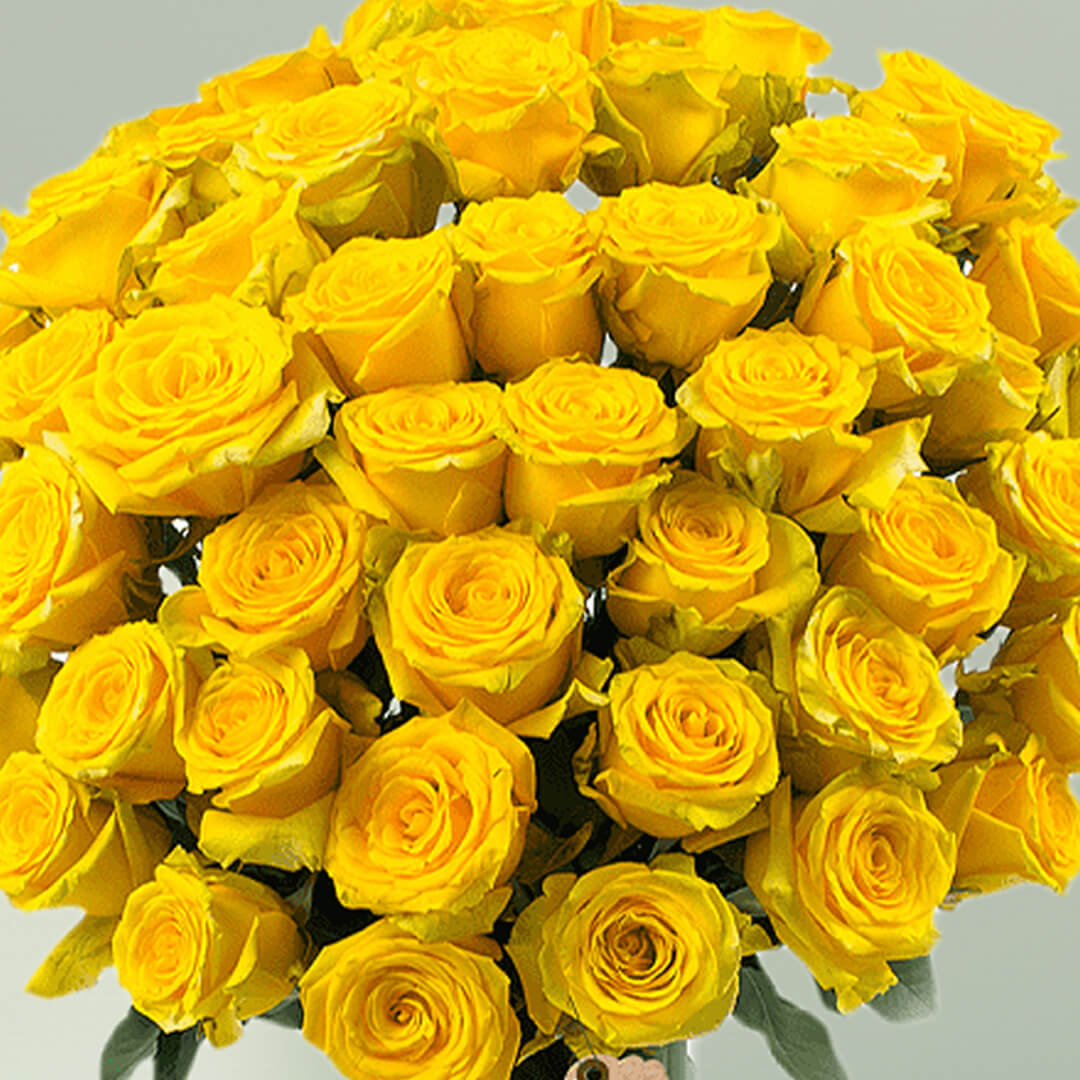 Vase arrangement featuring 50 yellow roses in a transparent glass cylinder vase.