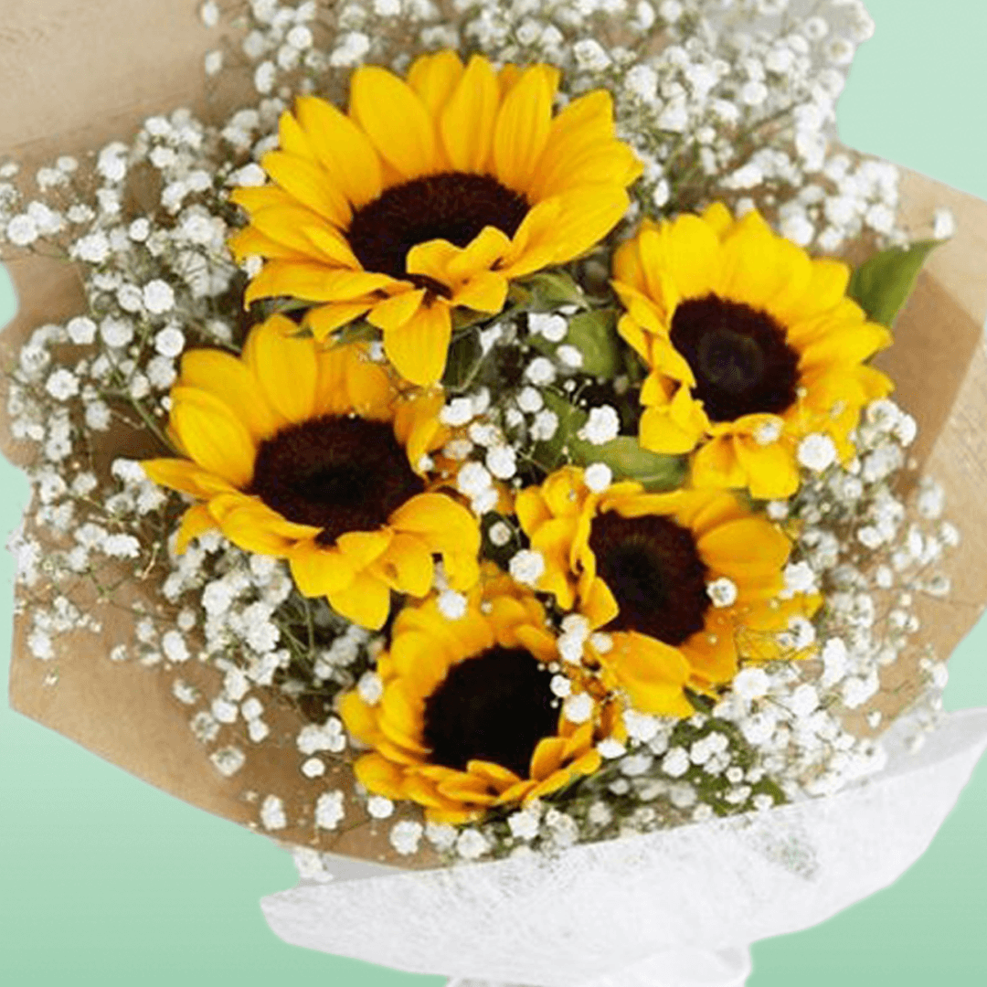 5 yellow Sunflowers with white Gypsophila wrapped in non-woven flower paper.
