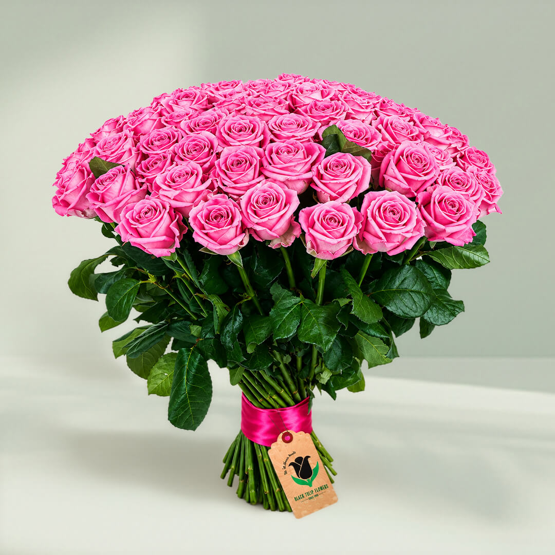 Beautiful luxury pink rose bouquet featuring 75 fresh roses in a lush rounded arrangement
