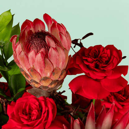 Red roses and protea arranged with greenery in a woven round basket