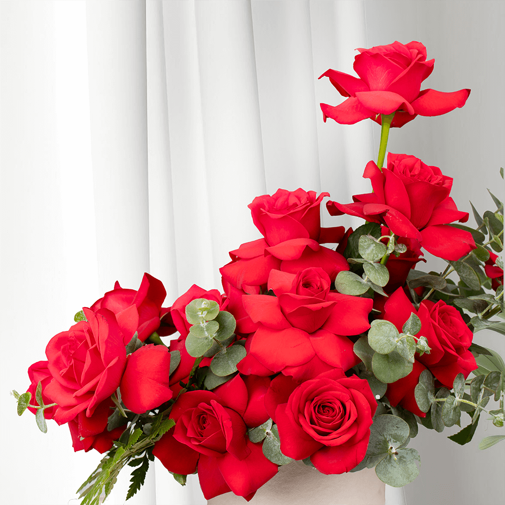Red Roses with Eucalyptus arranged in a white round flower box.