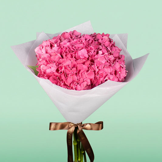 Bright pink hydrangeas wrapped in white non-woven paper with a brown ribbon
