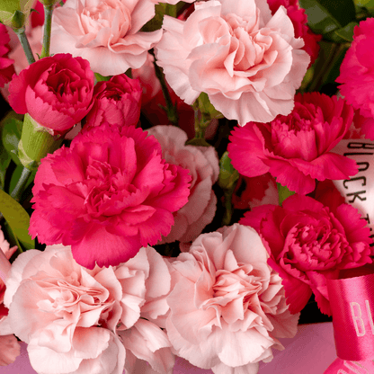 Pink and light pink carnations arranged in a quilted pink flower bag with ribbon details