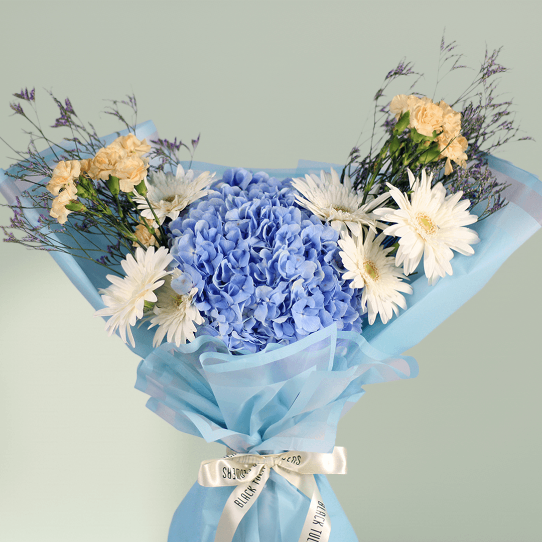 Blue Hydrangea with white Gerberas, cream Carnations and Limonium wrapped in blue non-woven paper.