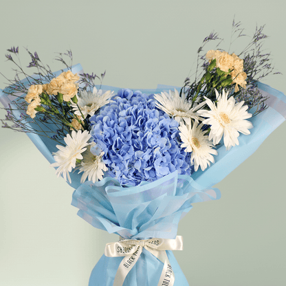 Blue Hydrangea with white Gerberas, cream Carnations and Limonium wrapped in blue non-woven paper.