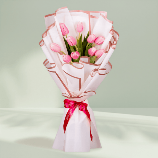 10 Stem Pink Tulips Bouquet arranged with pink tulips with stylish wrapping