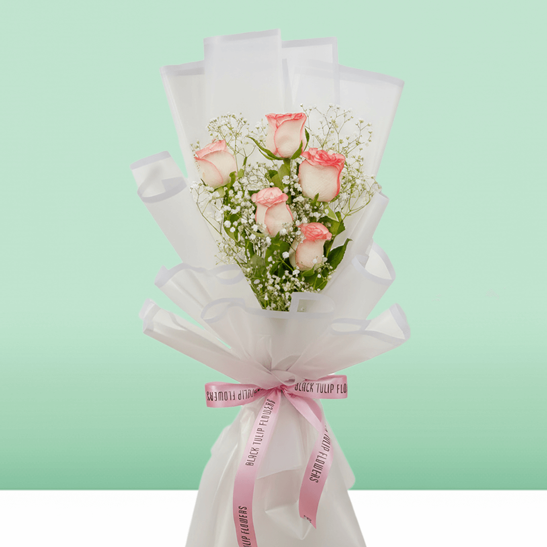 5 light pink rose bouquet with gypso in elegant Korean-style white wrap