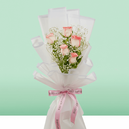 5 light pink rose bouquet with gypso in elegant Korean-style white wrap